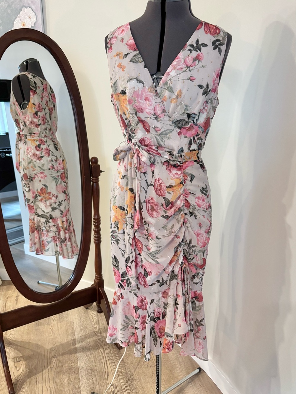 Eliza J Floral Wrap Midi Dress in Pink, Cream and Yellow